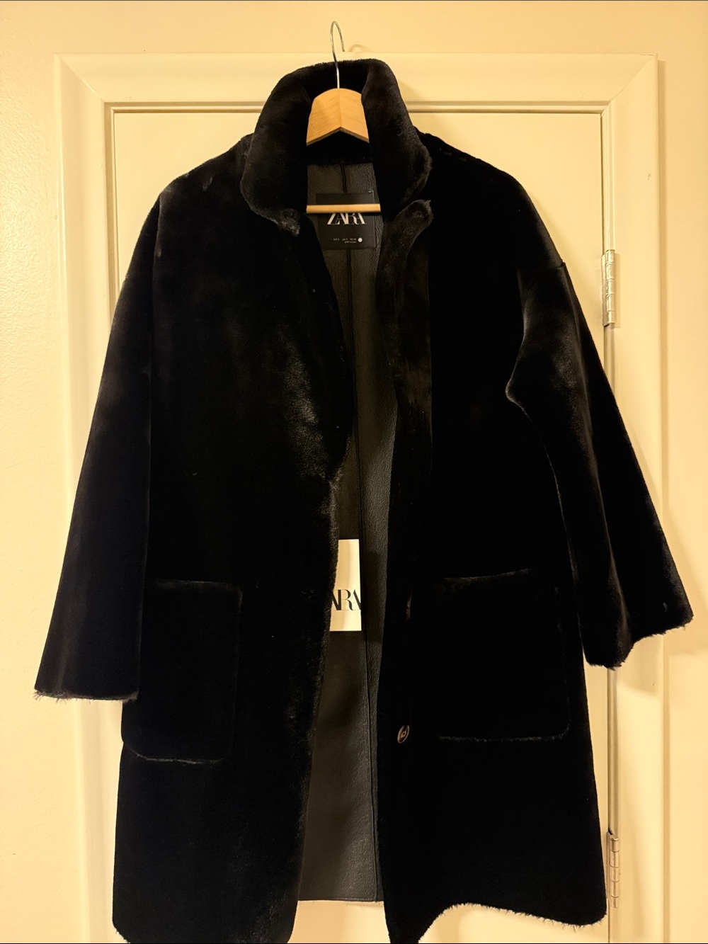 Zara Black Plush Teddy Coat with Patch Pockets and Stand Collar